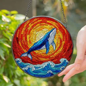 Graceful Swimming Blue Whale Stained Glass Tiffany Style - Starry Fins Mosaic Sky Art Stained Glass Suncatcher