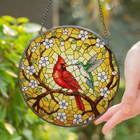 Red Cardinal Hummingbird Tiffany Glass Mosaic Flowers - Sun-Drenched Nature Lover Decor Stained Glass Suncatcher