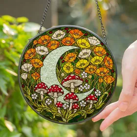 Crescent Moon Toadstool Poppies Stained Glass Art - Intricate Botanical Nature Decor Stained Glass Suncatcher