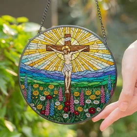 Jesus Christ Crucified Stained Glass Sunburst Wildflowers Faith-Inspired Home Decor Stained Glass Suncatcher
