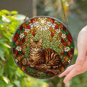 Brown Tabby Cat Tiffany Stained Glass Art, Autumn Leaves & Blossoms, Rustic Log Stained Glass Suncatcher