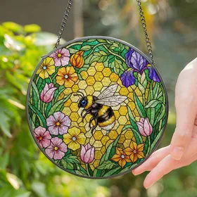 Fuzzy Bumblebee & Jewel Tone Stained Glass Flowers - Tiffany Floral Garden Honeycomb Art Stained Glass Suncatcher