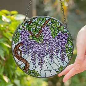 Cascading Wisteria Flowers Tiffany Glass Style Art, Luminous Sky Mosaic & Lush Leaves Stained Glass Suncatcher