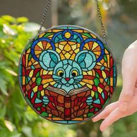Stylized Teal Mouse Reading Book Tiffany Style Stained Glass Mosaic Jewel Tone Stained Glass Suncatcher