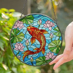 Iridescent Stained Glass Koi Fish Lotus Flower Lily Pad Teal Water Jewel Tones Stained Glass Suncatcher