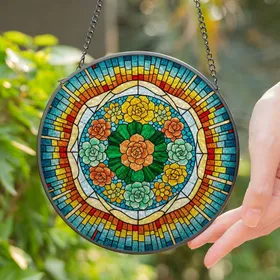 Bright Succulent Stained Glass Rosette Mosaic - Tiffany Jewel Tone Window Decor Stained Glass Suncatcher