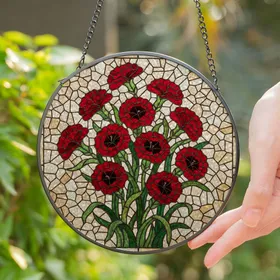 Red Carnation Bouquet Stained Glass Mosaic Art - Tiffany Style Translucent Floral Home Decor Stained Glass Suncatcher