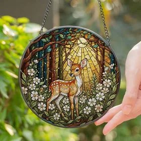 Curious Fawn Stained Glass Forest Wildflowers - Tiffany Style Woodland Nature Art Stained Glass Suncatcher