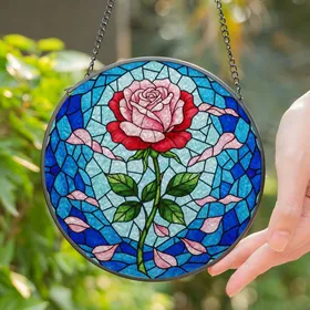 Stained Glass Rose & Scattered Petals - Tiffany Style Mosaic Geometric Sky Water Art Stained Glass Suncatcher
