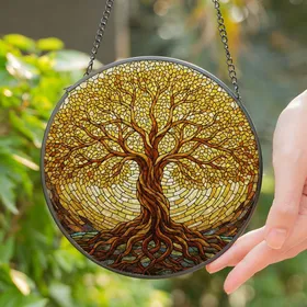 Ancient Gnarled Tree of Life Stained Glass Autumn Leaves Mosaic Sky Tiffany Style Stained Glass Suncatcher