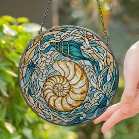 Nautilus Conch Shells Tiffany Stained Glass Look - Detailed Ocean Currents Aquatic Foliage Art Stained Glass Suncatcher