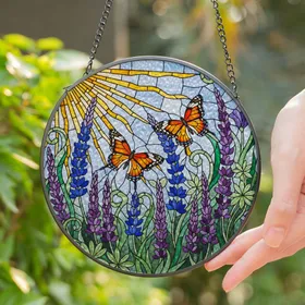Tiffany Style Stained Glass Butterflies Blooming Flowers Sun Mosaic Jewel Tones Stained Glass Suncatcher
