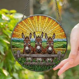 Curious Donkeys Tiffany Glass Style - Rustic Fence Sun Landscape Detailed Jewel Tones Stained Glass Suncatcher