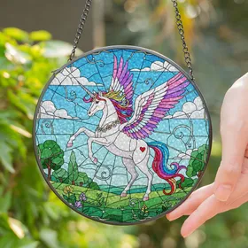 Winged Unicorn Rainbow Mane Pink Hooves Stained Glass Landscape - Unicorn Lover Gift Stained Glass Suncatcher