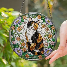 Calico Cat Stained Glass Art with Intricate Floral Border - Tiffany Style Design Stained Glass Suncatcher