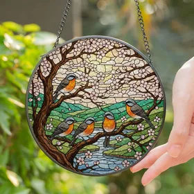 Five Orange Chest Birds Pink Cherry Blossom Stained Glass Art - Tiffany Style Decor Stained Glass Suncatcher