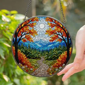 Cobblestone Path Autumn Forest Stained Glass Mountain Peaks Nature Scene Decor Stained Glass Suncatcher