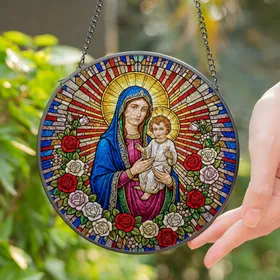 Virgin Mary Baby Jesus Stained Glass Art Tiffany Style - Floral Christian Religious Gift Stained Glass Suncatcher