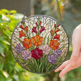 Tiffany Stained Glass Gladiolus Flower Bouquet - Detailed Petals Stamens Floral Art Stained Glass Suncatcher