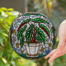 Intricate Potted Polka Dot Begonia Stained Glass Art - Tiffany Botanical Nature Gift Stained Glass Suncatcher