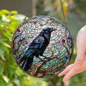 Majestic Crow Raven Bird Stained Glass Art - Iridescent Wing Feather Window Home Decor Stained Glass Suncatcher
