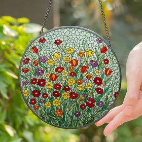 Jewel Tone Wildflower Meadow Stained Glass Art - Tiffany Style Floral Mosaic Window Panel Stained Glass Suncatcher