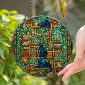 Black Cats Bookshelf Plants Stained Glass Art - Tiffany Style Intricate Mosaic Design Stained Glass Suncatcher