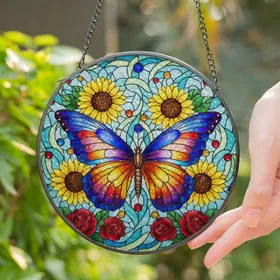 Colorful Butterfly Sunflower Rose Tiffany Stained Glass Mosaic Art Translucent Jewel Tones Stained Glass Suncatcher