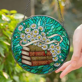 Antique Books White Daisies Floral Emerald Turquoise Tiffany Glass Mosaic Artwork Stained Glass Suncatcher