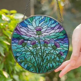 Scottish Thistles Stained Glass Mosaic - Tiffany Style Floral Landscape Window Decor Art Stained Glass Suncatcher
