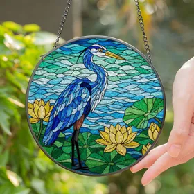 Great Blue Heron Stained Glass Art - Lotus Lily Pad Tiffany Style Mosaic Water Jewel Tones Stained Glass Suncatcher