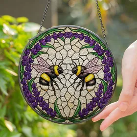Fluffy Bumblebee Lavender Stained Glass Mosaic - Tiffany Style Jewel Tone Home Decor Gift Stained Glass Suncatcher
