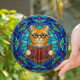 Orange Tabby Cat with Spectacles & Book - Intricate Tiffany Stained Glass Mosaic Decor Stained Glass Suncatcher