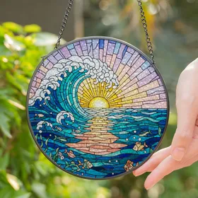 Cresting Ocean Wave Sunset Stained Glass Seascape - Tiffany Jewel Tone Mosaic Art Stained Glass Suncatcher
