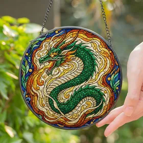 Majestic Green Dragon Stained Glass Art - Roaring Fantasy Dragon with Fiery Orange Eyes Stained Glass Suncatcher