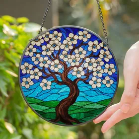 Tiffany Stained Glass Blossoming Tree with Creamy White Flowers Blue Sky Green Hills Landscape Stained Glass Suncatcher
