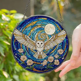 Barn Owl Celestial Night Sky Full Moon Art - Tiffany Glass Style Translucent Home Decor Stained Glass Suncatcher
