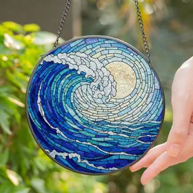Colossal Ocean Wave Full Moon Tiffany Stained Glass - Deep Blue Aqua Yellow Art Stained Glass Suncatcher