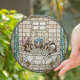 Stained Glass Forest Animals Raccoon Skunk Badger Bathtub Bubbles Tiffany Style Stained Glass Suncatcher