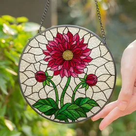 Stained Glass Dahlia Flower Red Fuchsia Mosaic Window Decor Glowing Jewel Tones Stained Glass Suncatcher