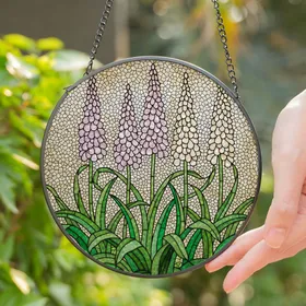 Stained Glass Flowering Stalks Pink Purple White Blossoms Green Leaves Mosaic Window Decor Stained Glass Suncatcher