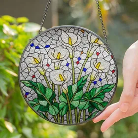 Highly Detailed Six Calla Lily Bouquet Stained Glass Tiffany Style Floral Art Decor Gift Stained Glass Suncatcher