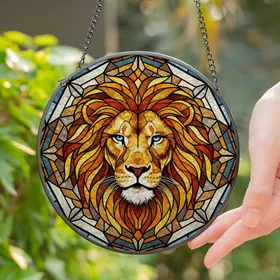 Majestic Lion Head Stained Glass Art Translucent Abstract Geometric Mosaic Jewel Tone Stained Glass Suncatcher