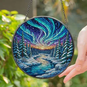 Aurora Borealis Winter Landscape Tiffany Stained Glass Evergreen Trees Frozen River Sunset Stained Glass Suncatcher