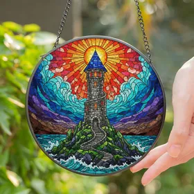 Wizard Lighthouse Stone Tower Island - Glowing Red Windows Staircase Sunset Jewel Tones Stained Glass Suncatcher