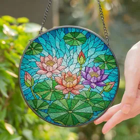 Three Lotus Flowers Lily Pads Pond Water Tiffany Stained Glass Mosaic Art Intricate Jewel Tones Stained Glass Suncatcher