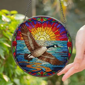 Canada Goose Stained Glass - Mid-Flight Wings Spread Panoramic Water Bird Art Stained Glass Suncatcher