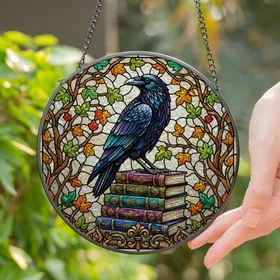 Black Raven Iridescent Stained Glass Art, Vintage Books, Tiffany Style Nature Mosaic Stained Glass Suncatcher