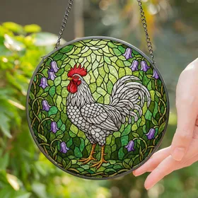 Magnificent Rooster Stained Glass Art - Tiffany Style Purple Bell Flowers & Green Foliage Stained Glass Suncatcher