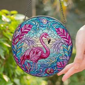 Flamingo Pink Teal Aqua Tropical Leaves Tiffany Stained Glass Art Jewel Tone Stained Glass Suncatcher